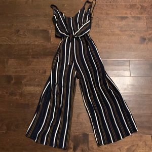 navy blue striped jumpsuit with ties